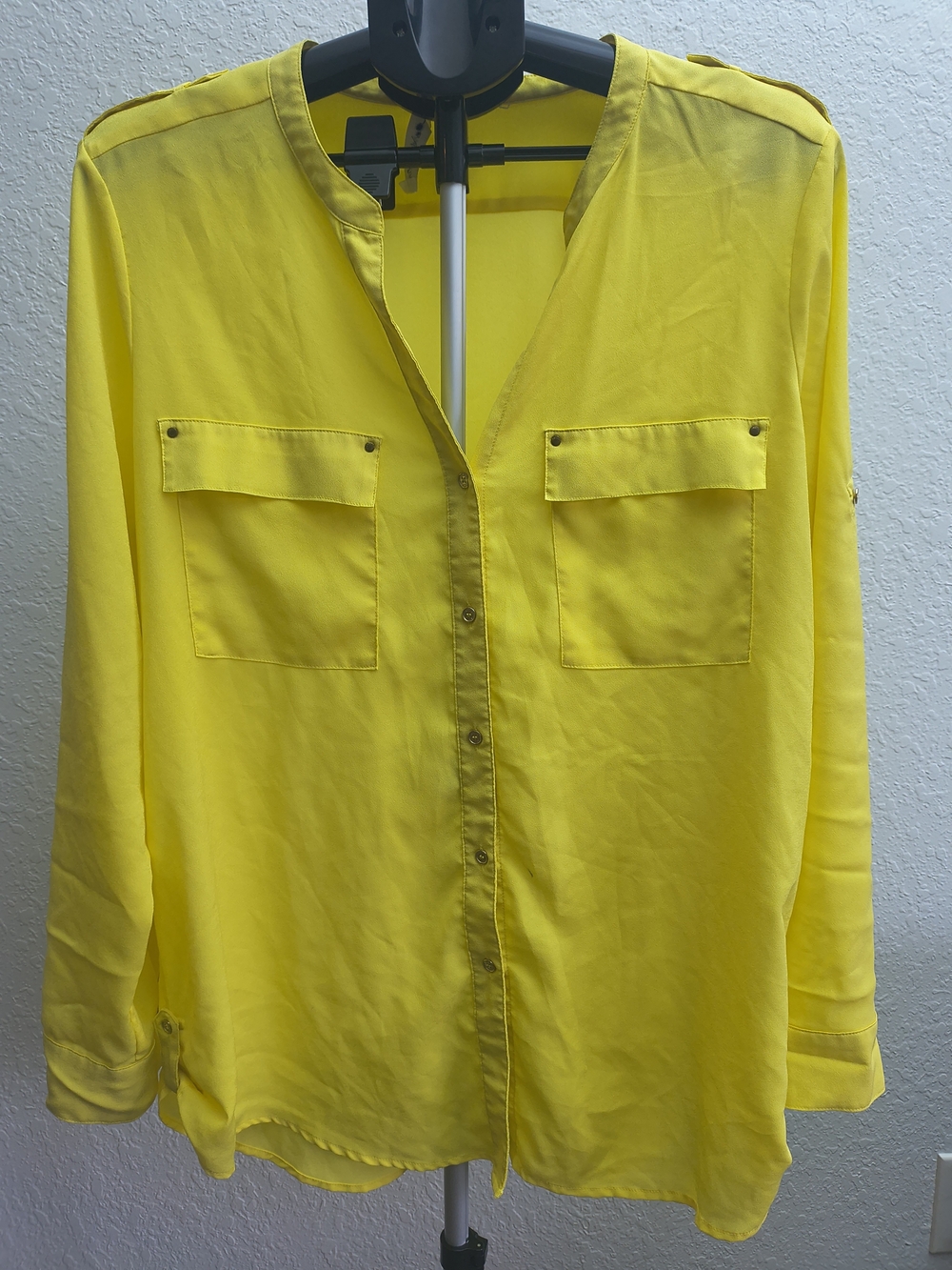 Calvin Klein Womens Yellow Utility Blouse Roll Tab Sleeve Button Front Shirt